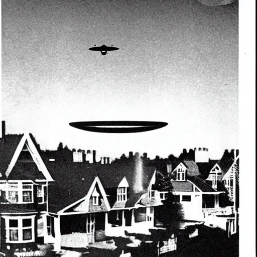 Prompt: UFO over suburban houses, grainy 1950s newspaper photo