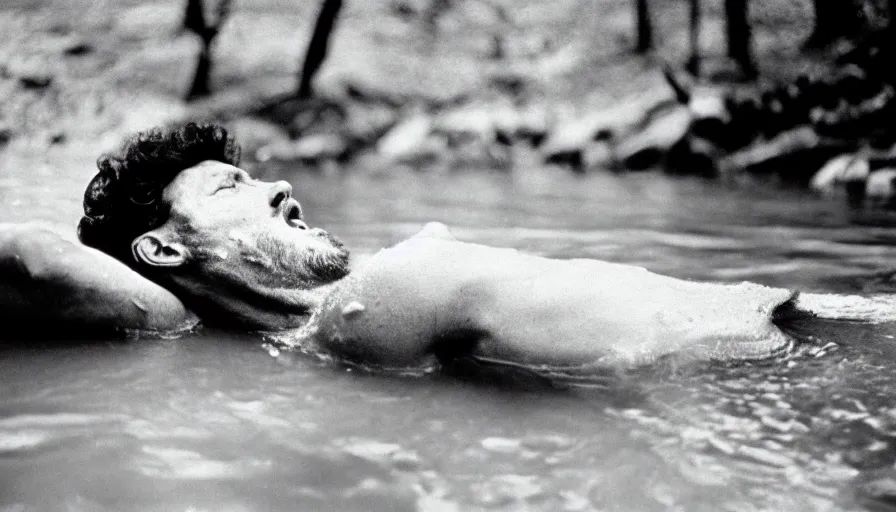 Image similar to 1 9 6 0 s movie still close up of skinny marcus aurelius with open mouth frozen to death in a river with gravel, pine forests, cinestill 8 0 0 t 3 5 mm b & w, high quality, heavy grain, high detail, texture, dramatic light, anamorphic, hyperrealistic, foggy