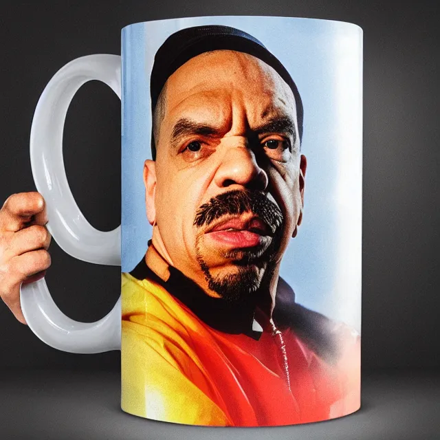 Prompt: a picture of ice - t rapper printed on the side of a mug full of iced tea, product showcase, studio lighting