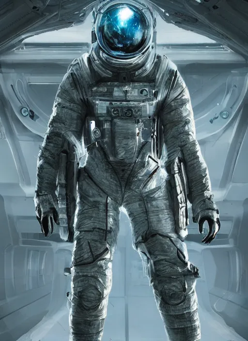 Image similar to concept art by craig mullins infrared complex and hyperdetailed technical astronaut suit in futuristic dark and empty spaceship underwater. reflection and dispersion materials. rays and dispersion of light. volumetric light. 5 0 mm, f / 3 2. noise film photo. flash photography. unreal engine 4, octane render. interstellar movie art