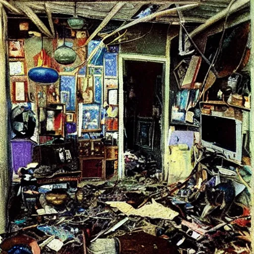 Prompt: nanopunk by viktor vasnetsov, by anne mccaffrey dignified. a performance art of a room that is wrecked, furniture overturned, belongings strewn about, & debris everywhere. the only thing left intact is a photograph on the wall shows a tidy, well - appointed space, with everything in its place.