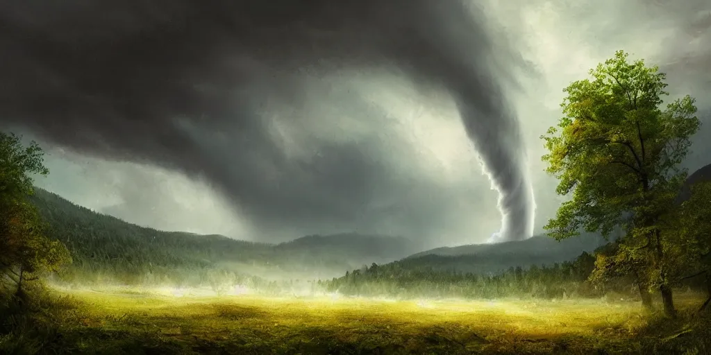 Image similar to A tornado in a beautiful scenic landscape, nature, trees, wide angle, super highly detailed, professional digital painting, artstation, concept art, smooth, sharp focus, no blur, no dof, extreme illustration, Unreal Engine 5, Photorealism, HD quality, 8k resolution, cinema 4d, 3D, beautiful, cinematic, art by artgerm and greg rutkowski and alphonse mucha and loish and WLOP