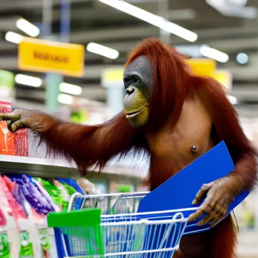 Prompt: orangutang shopping in walmart, photorealistic, coherent, detailed