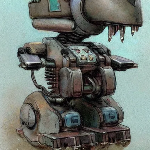 Prompt: (((((((((((retro robot with tank tracks drive on and a robot dog head))))))))))) . muted colors. by Jean-Baptiste Monge !!!!!!!!!!!!!!!!!!!!!!!!!!!!!!!!!!!!!!!!