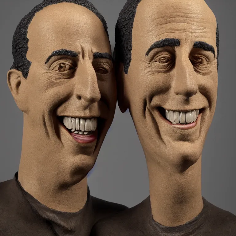 Image similar to beautiful studio photograph of colorful postmodern portrait sculpture of jerry seinfeld toothy smile, beautiful symmetrical face accurate face detailed face realistic proportions, made of charcoal - stained polymer clay on a pedestal by ron mueck and matthew barney and greg rutkowski, hysterical realism intense cinematic lighting shocking detail 8 k