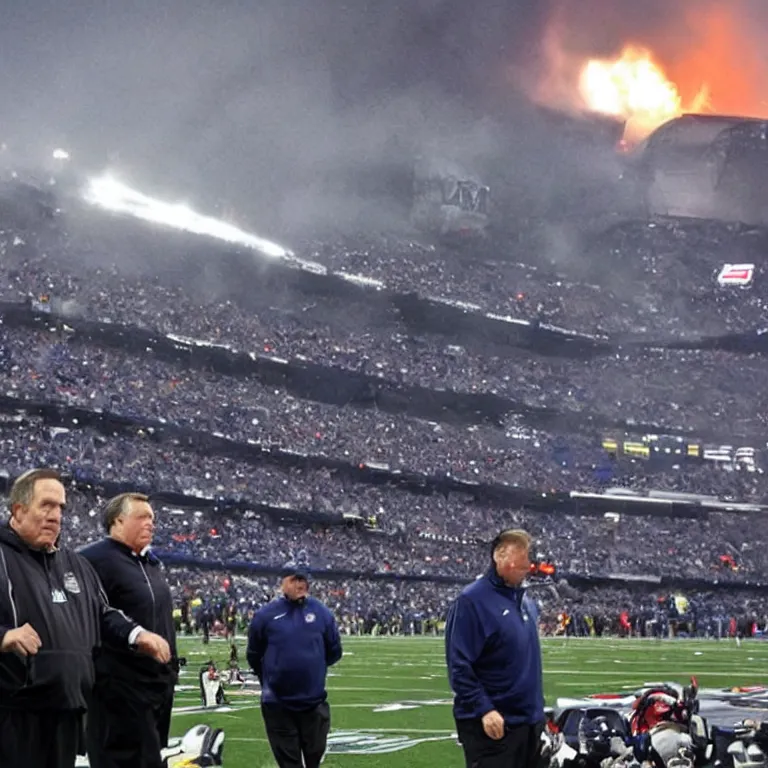 Prompt: Gillette Stadium being destroyed by a nuclear blast as a distraught coach Belichick looks on