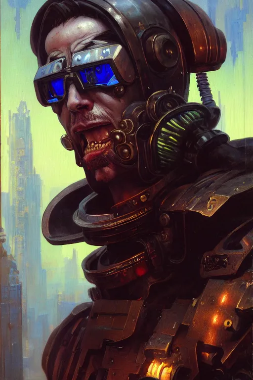 Image similar to character portrait cyberpunk warhammer 4 0 k steve buscemi, character design, painting by gaston bussiere, katsuya terada, frank frazetta, tom of finland, trending on artstation