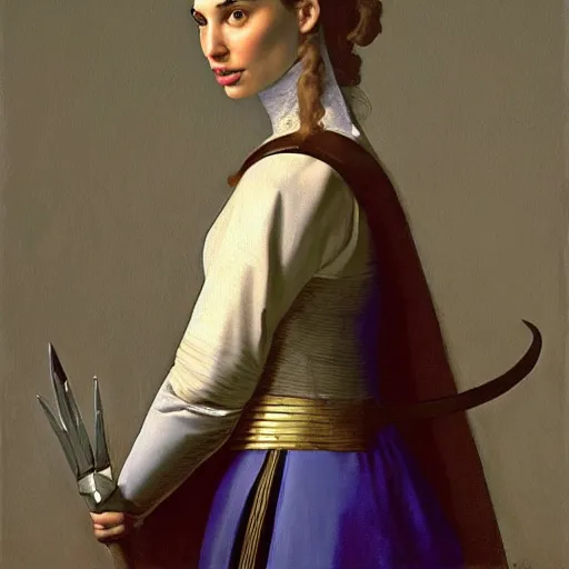 Image similar to a painting of gal gadot in knights armor by vermeer