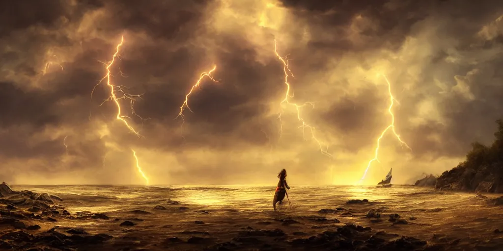 Prompt: epic medieval woman ship pilot face down shipwrecked on a beach, beach leads into dark forest and hills, dramatic dark glowing golden neon sunset with thick wall of lightning storm clouds, dynamic lighting, hyperrealistic, hd 4 k, artstation