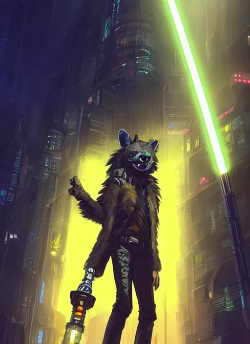 Image similar to beautiful portrait commission of a male furry anthro hyena fursona wearing cyberpunk jedi robes and wielding a yellow lightsaber in his left hand. Cyberpunk city at night in the rain. character design by charlie bowater, ross tran, artgerm, and makoto shinkai, detailed, inked, western comic book art