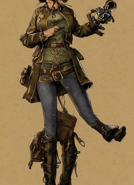 Prompt: maria. concept art of a steampunk adventurer in khaki gear with leather pouch belts. victorian bioshock infinite character design by mœbius and sherree valentine daines.