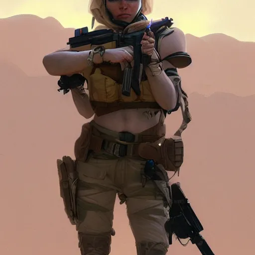 Image similar to portrait of an attractive white female anthro wolf in the desert, wearing tactical gear, 4 k, trending on artstation, by artgerm, greg rutkowski, alphonse mucha