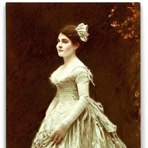 Image similar to young victorian lady in ball gown, a little card and pencil in hand, painted by alfred stevens