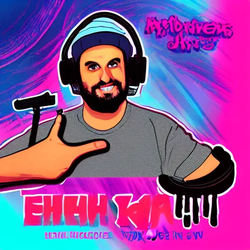 Prompt: ethan klein from h3h3, overweight, hosting a podcast, high quality digital art by mad dog jones, synthwave style