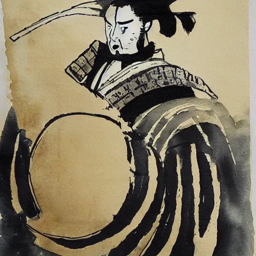 Image similar to puddled ink painting of a samurai,