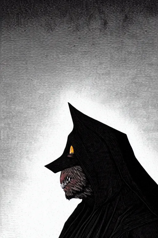 Prompt: a vibrant ultraclear sideview waist up portrait of mysterious werewolf wearing black cape hoodie by rene magritte and laurie greasley, etching by gustave dore, colorful flat surreal, ethereal, intricate, sharp focus, illustration, highly detailed, digital painting, concept art, masterpiece