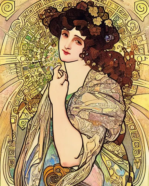 Image similar to a combination of the art styles of Alphonse Mucha and Gustav Klimt