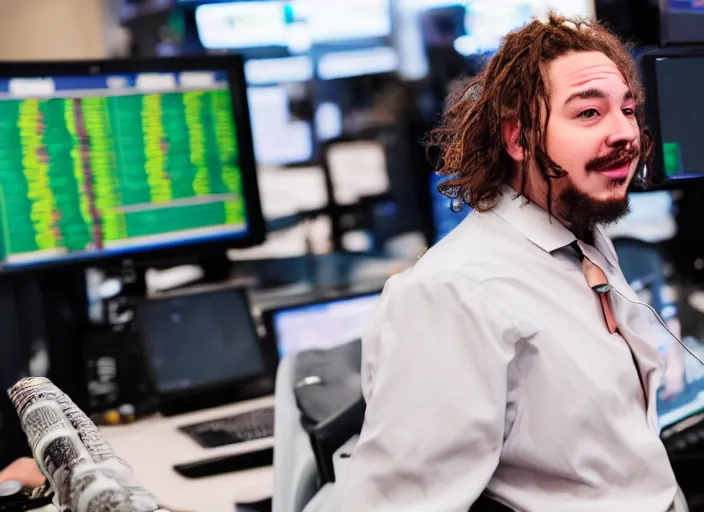 Image similar to dslr photo still of post malone as a stock broker, 8 k, 8 5 mm f 1 6