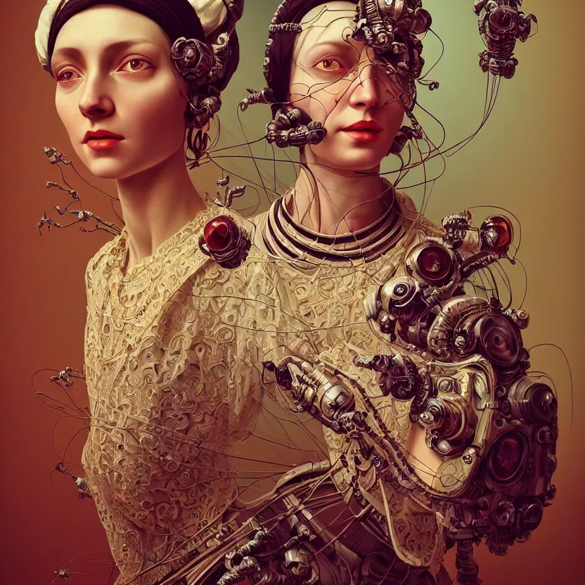 Image similar to colour caravaggio style photography of highly detailed beautiful woman with 1 0 0 0 years perfect face and wearing detailed ukrainian folk costume designed by taras shevchenko also wearing highly detailed retrofuturistic sci - fi neural interface designed by josan gonzalez. many details in style of josan gonzalez and mike winkelmann and andgreg rutkowski and alphonse muchaand