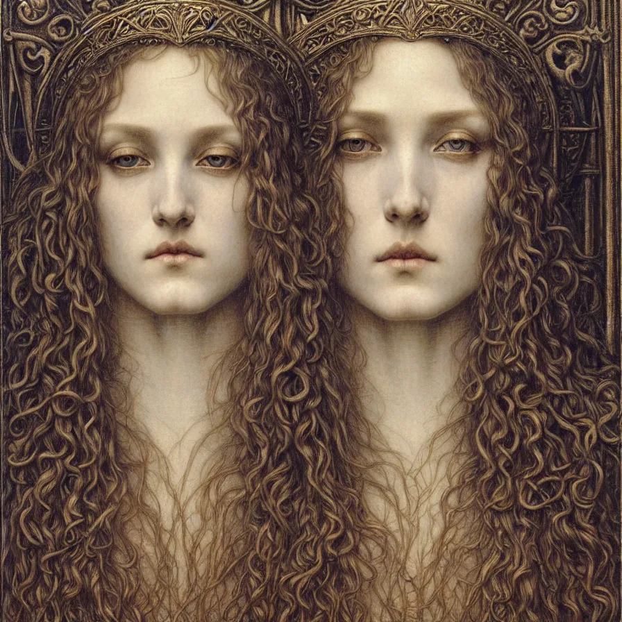 Image similar to detailed realistic beautiful young medieval queen face portrait by jean delville, gustave dore and marco mazzoni, art nouveau, symbolist, visionary, gothic, pre - raphaelite. horizontal symmetry