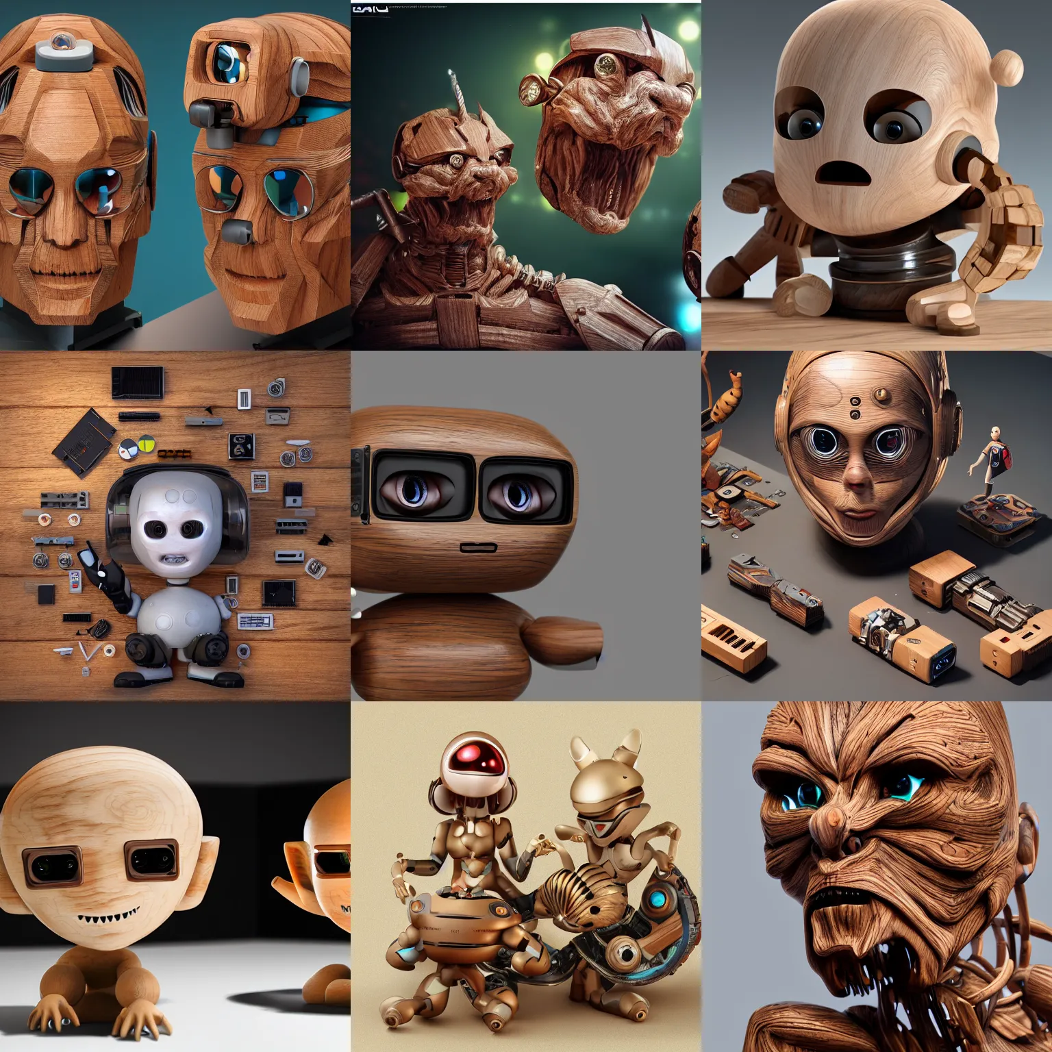 Image similar to ultra realistic 8k octa photo, wooden art toys on base , cute cyber gods , hyperdetailed, concept art