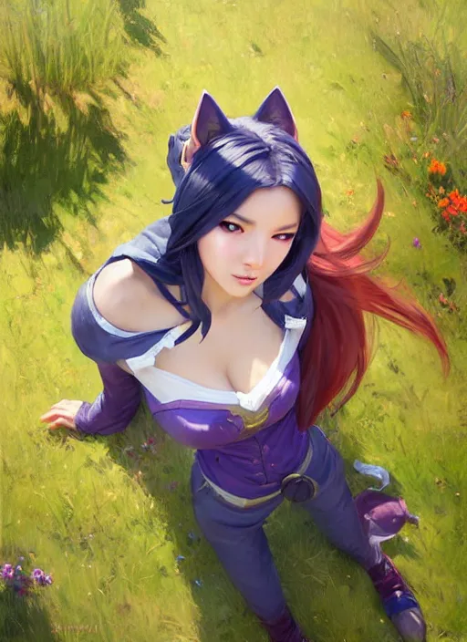 Prompt: portrait of Ahri from League of Legends after work, countryside, calm, fantasy character portrait, dynamic pose, above view, view from above, sunny day, thunder clouds in the sky, artwork by Jeremy Lipkin and Giuseppe Dangelico Pino and Michael Garmash and Rob Rey, very coherent symmetrical artwork, sharp edges, perfect face, simple form, 100mm