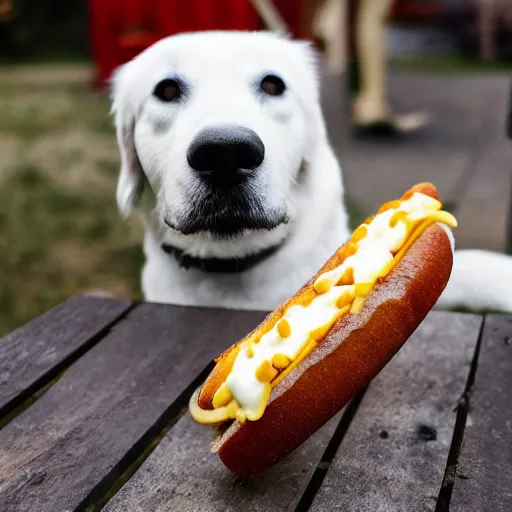Prompt: photo of a white dog eating a chili dog with cheese, 50mm, beautiful photo