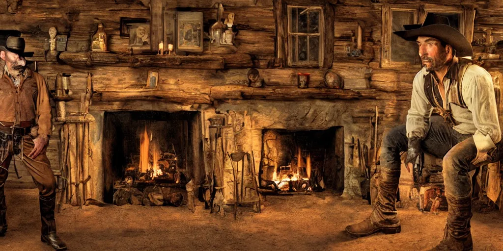 Prompt: in an old west cabin, close up shot a rugged, Dave Bautista cowboy standing ((alone)) and Mila Jovovich (((alone))) at the fireplace, in the style of Fredrick Remington, oil painting