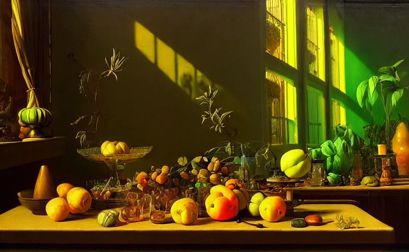 Prompt: still life by evaristo baschenis, jacopo de barberi, jan davidsz de hem | solarpunk, vibrantly lush neon lighting, beautiful volumetric - lighting - style atmosphere, a mystical atmosphere, beautiful detailed, insanely intricate details