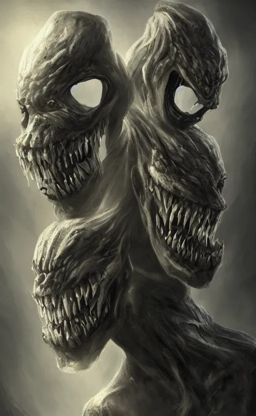 Image similar to full body portrait of of a two headed monster smiley creepily, dynamic lighting, photorealistic, fantasy concept art, ambient lighting, atmospherical, stunning visuals, creative, cinematic, ultra detailed, trending on art station