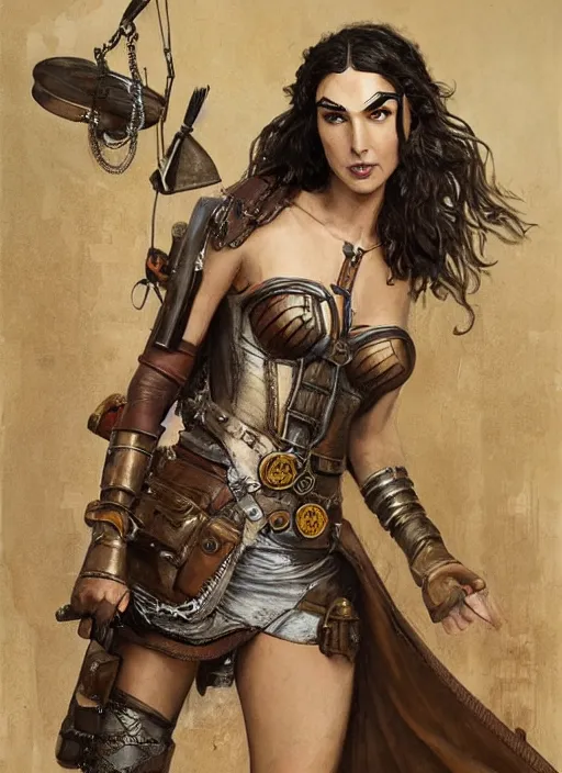 Prompt: highly detailed steampunk gal gadot standing, steel age : leonardo da vinci, greg rutkowski, magali villeneuve