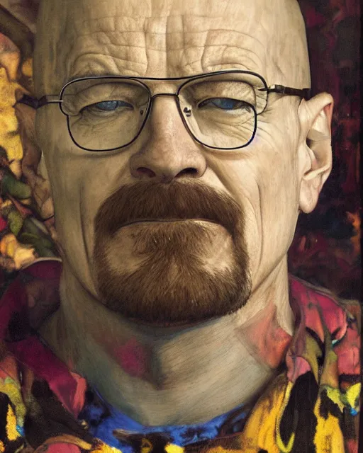 Image similar to walter white, portrait painting by richard schmid, edgar maxence, kehinde wiley, thomas moran, maxfield parrish, studio ghibli, loish, alphonse mucha, fashion photography