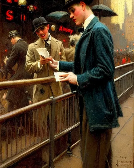 Prompt: attractive man handing out flyers to a broadway show, 1 9 2 0 s new york city, broadway, melancholy, nostalgia, painting by gaston bussiere, craig mullins, j. c. leyendecker