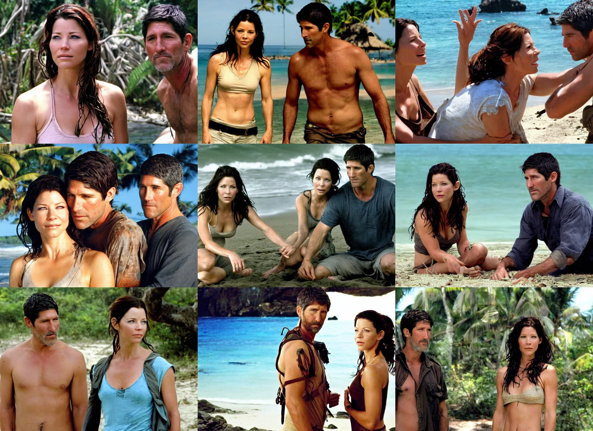 Image similar to evangeline lily as kate austen on a tropical beach with matthew fox as jack shephard, tv series lost ( 2 0 0 4 )