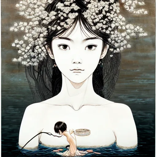 Image similar to prompt: Balck and white Fragile looking vessel portrait face drawn by Katsuhiro Otomo, beautiful girl in lake with shining face super detailed, nymph in the water performing alchemy, small flowers and cables and wire around and on the side with artifacts and ancient book, intricate oil painting, soft light, white background, intricate detail, intricate oil painting detail, sharp high detail, manga and anime 2000