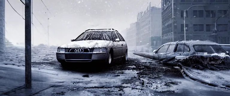 Image similar to Audi A4 B6 Avant (2002), a gritty neo-noir, dramatic lighting, cinematic, eerie person, death, homicide, homicide in the snow, viscera splattered, gunshots, bullet holes, establishing shot, extremely high detail, photorealistic, fire, arson, cinematic lighting, artstation, by simon stalenhag, Max Payne (PC) (2001) winter New York at night, In the style of Max Payne 1 graphic novel, flashing lights, Poets of the Fall - Late Goodbye