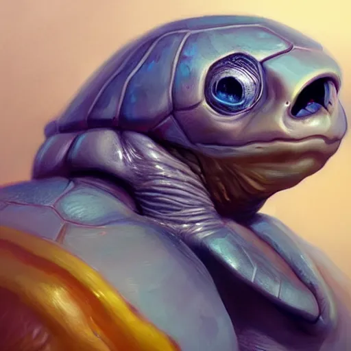 Image similar to A head-on detailed oil portrait of a beautiful mutant turtle with pale blue eyes and long yellow hair by greg rutkowski and artgerm, trending on artstation