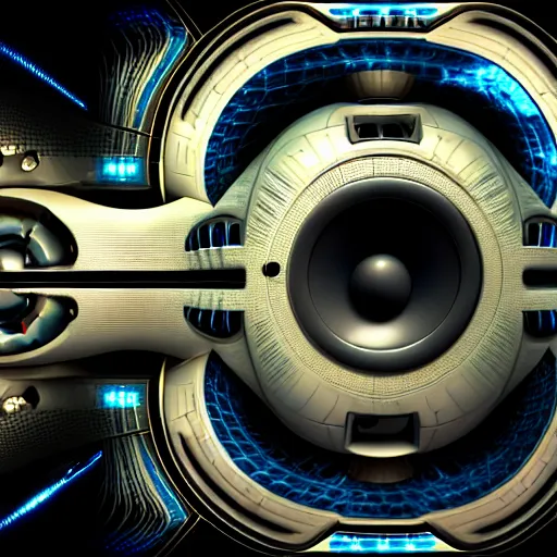 Prompt: sound system futuristic design, close to the camera, ultra realistic, spaceship design, fractal texture, mandelbulb