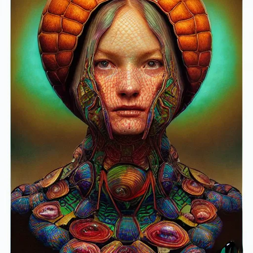 Prompt: hyper detailed masterpiece, turtle pattern, jean giraud, vibrant, digital art painting, matte painting, beautiful, shell headpiece, psychedelic, artgerm, donato giancola, tom bagshaw