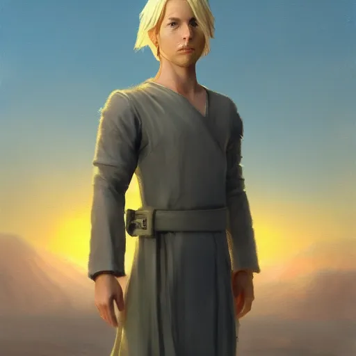 Image similar to a young blonde male jedi with short hair standing still looking at the sunset concept art by Doug Chiang cinematic, realistic painting, high definition, concept art, portait image, path tracing, serene landscape, high quality, highly detailed, 8K, soft colors, warm colors, turbulent sea, high coherence, anatomically correct, hyperrealistic, concept art, defined face, five fingers, symmetrical