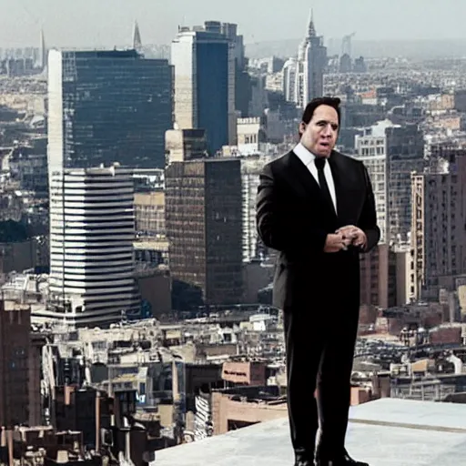 Image similar to clean-shaven Jon Favreau as Happy Hogan wearing a white dress shirt and black vest and black necktie floats high above a city with a frightened expression on his face