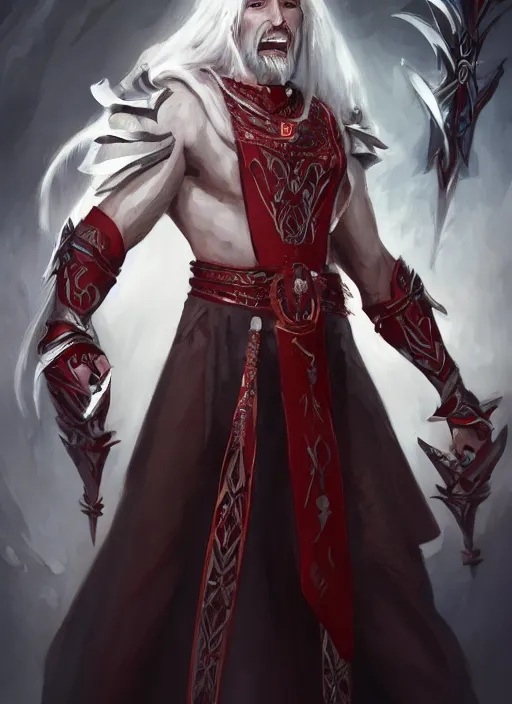 Prompt: a highly detailed illustration of white haired african priest, wearing cross on robe, wielding red blades made of blood, evil standing smiling pose, muscular, intricate, elegant, highly detailed, centered, digital painting, artstation, concept art, smooth, sharp focus, league of legends concept art, WLOP