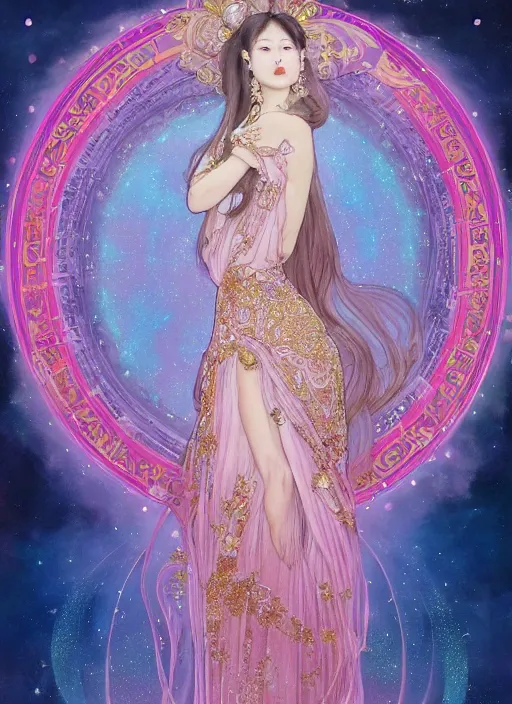 Prompt: Kim Ji-soo from Blackpink as magical celestial princess wearing luxurious futuristic chic slim pearlescent dress, bright gold eyes, peaceful expression, fantasy, intricate pink and royal blue dress, modeling for Dulce and Gabanna, accurately portrayed, portrait art by James Jean and Alphonse mucha, highly detailed, digital painting, concept art, illustration, multiversal paradise shining rgb luxurious lights, trending on artstation, very detailed, smooth, sharp focus, octane render, close up