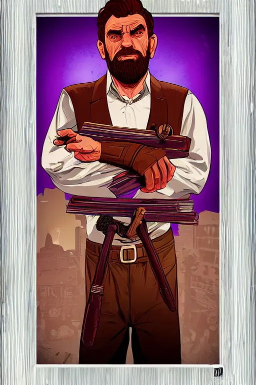 Image similar to saint homo neanderthalis with book of science on his right hand, and riffle, violet polsangi pop art, gta chinatown wars art style, bioshock infinite art style, incrinate, dynamic composition, hyperrealistic, two colors, white frame, 4 k, uhd, remove duplicate content
