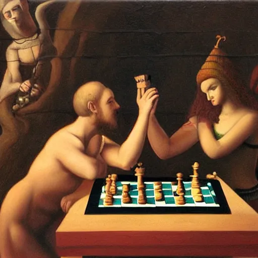 Prompt: Adam and Eve playing chess on a chessboard, while the serpent watches. Oil painting.