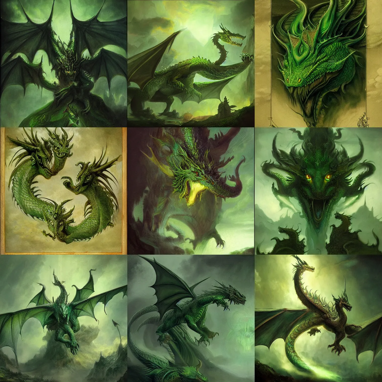 Prompt: a green ((dragon)) with seven heads. cinematic lightinh, fantasy concept art by Rembrandt and Da Vinci, Tolkien and michael komarck