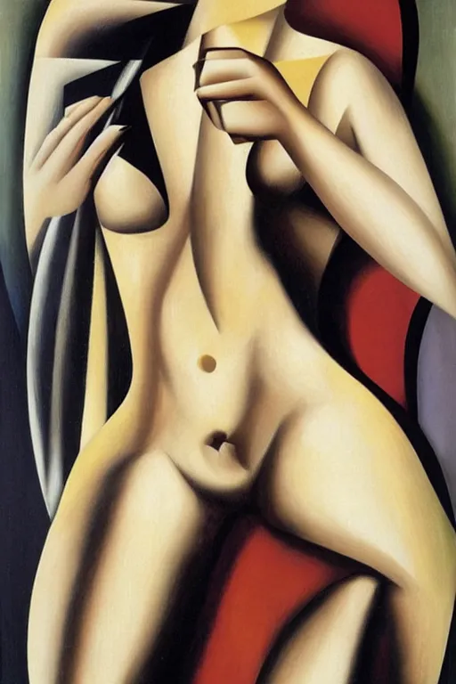 Image similar to olive skinned blonde female model in her twenties by artist tamara de lempicka