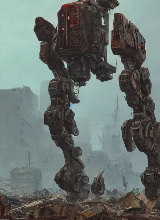 Image similar to A bipedal mech standing among the rubble of a destroyed city by Simon Stålenhag, artstation, mecha, military, science fiction, digital painting, 4k