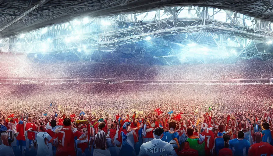 Prompt: 2 0 3 0 fifa world cup match, inside the crowded stadium, players on the field, hyperdetailed, artstation, cgsociety, 8 k