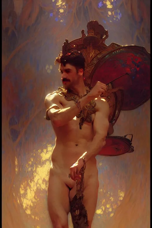 Image similar to god of music, male character design, painting by gaston bussiere, craig mullins, greg rutkowski, alphonse mucha, trending on artstation